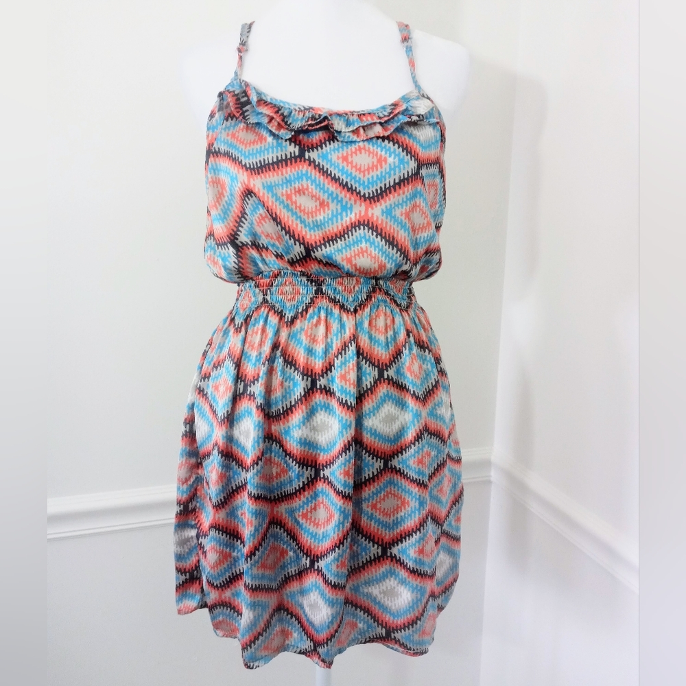 Poetry Spaghetti Strap Dress Blue Orange Womens Size Small